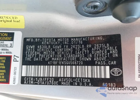 2016 Toyota Camry Le/Xle/Se/Xse z USA, uszkodzony, nr VIN 4T1BF1FK5GU568720